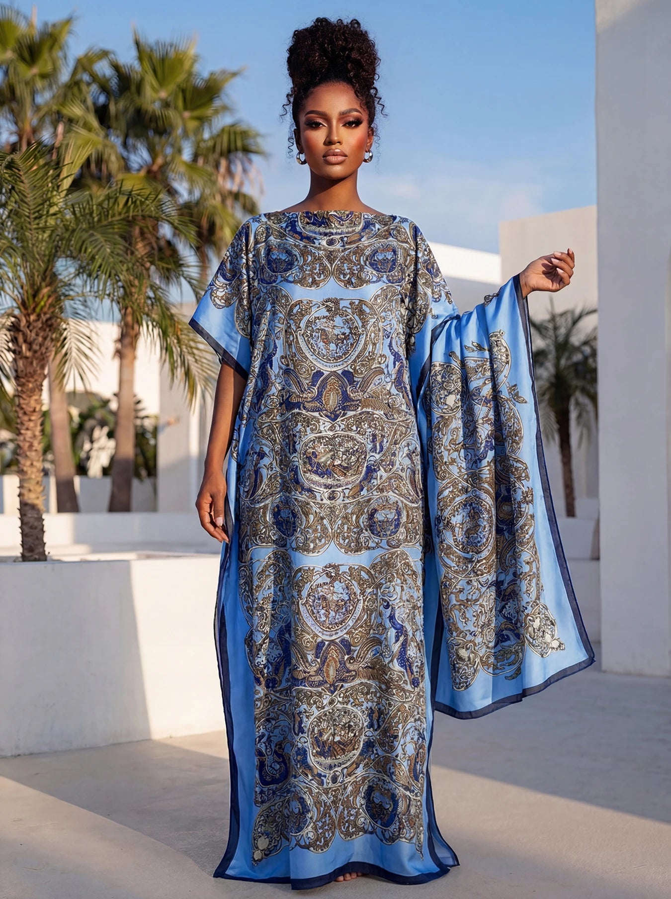 Summer New Fashion African Dresses For Women Elegant Printed Silk Muslim Lady Long Hijab Kaftan Dress Oversize Kuwait Abaya