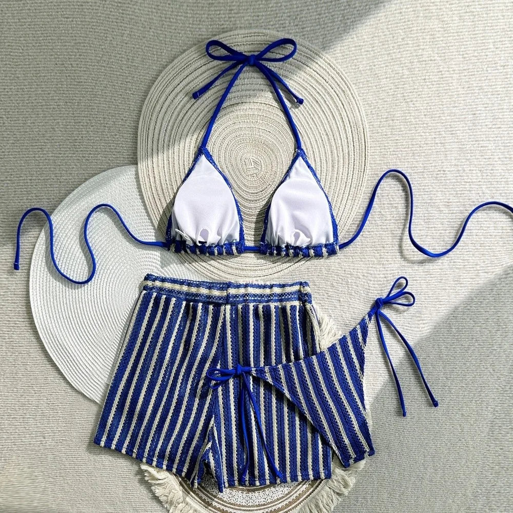 Casual Stripes 3 in 1 Swimwear Set Sleeveless Slim Fit Bikini Bathing Suit Lace Up Deep-V Knitting Swimsuit Beach