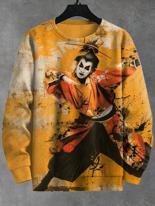 Japanese Fashion Men's Sweatshirt Funny Animal Graphic Ukiyo-e O-Neck Pullover Casual Pullover Tops Regular Fit Polyester Shirt