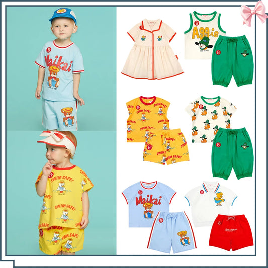 Boys Girls Summer Clothes Set 2025 Kids Casual Cartoon T-shirt Tops Shorts Boy Korean Casual Loose Vest Girl's Cute Dress Cloth