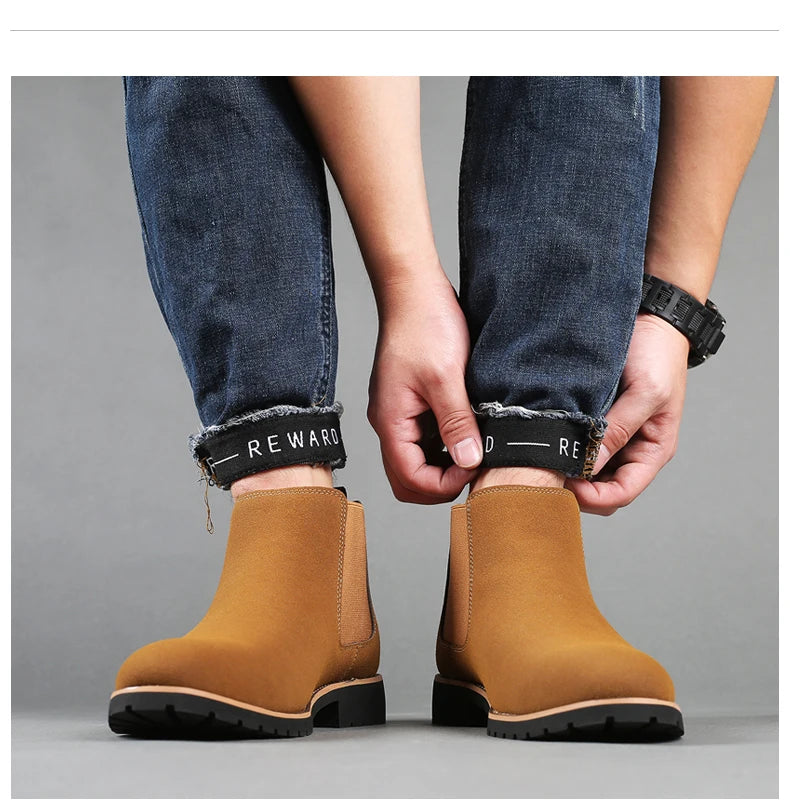 Fashion Men's Ankle Boot New Leather Men's Chelsea Boots Men Shoes Casual Black Sleeve Boots Outdoor High Top Wedding Shoes Male