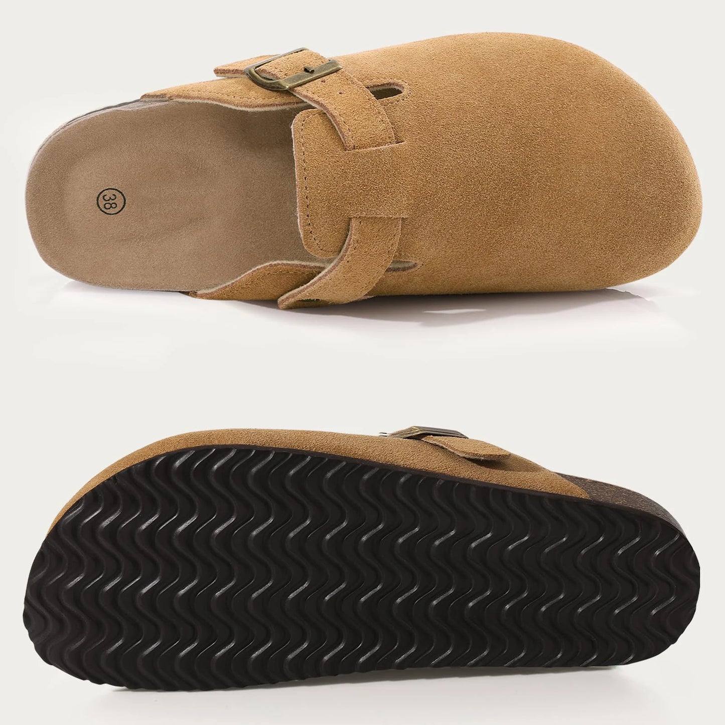 Evshine Men' s Cork Suede Mules with Arch Support Classic Potato Shoes Cozy Cork Footbed Clogs Slippers Men Fashion Beach Sandal