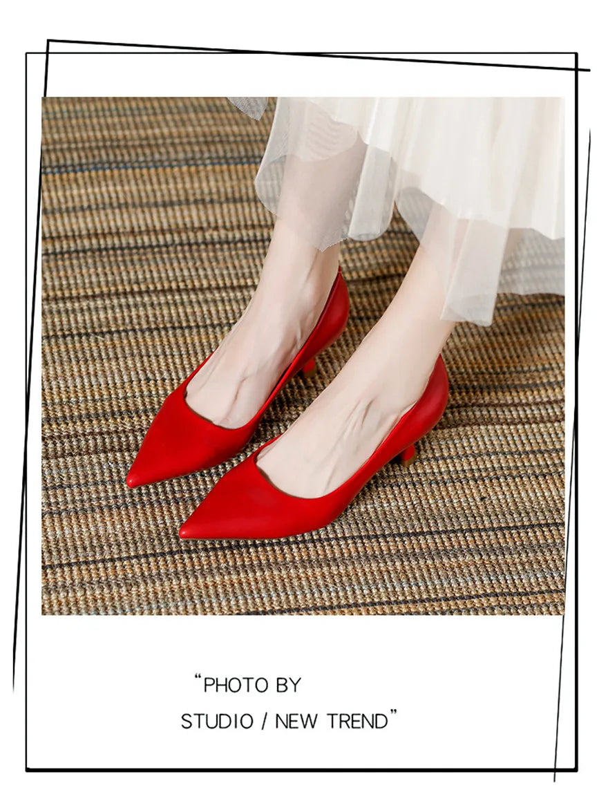 Soft Leather Concise Ladies Office Shoes 2026 Spring Shallow Comfort 6.0cm High Heels Women Pumps Dress Pointy Toe Wedding Shoes