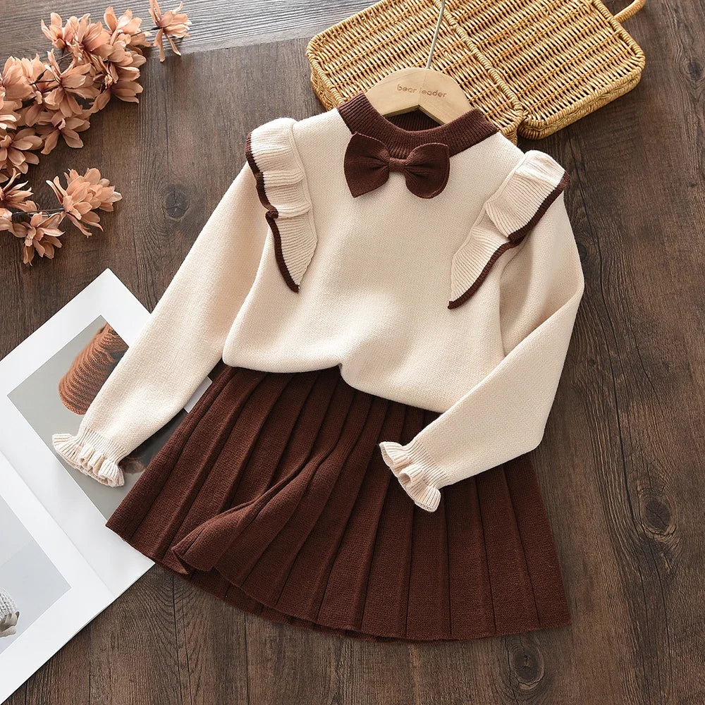 Casual Girls Dress Knitting Kids Suit Winter Long Sleeves Princess Top and Skirt 2pcs Outfits Sweater Kids Clothes