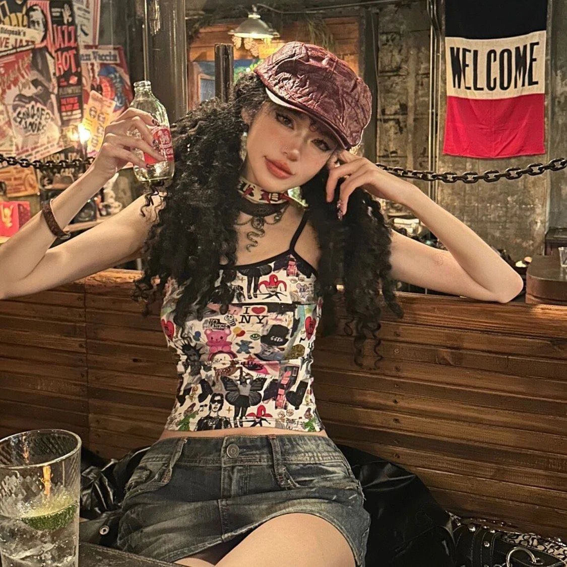 American style sweet and spicy graffiti Y2k Summer Girl 2000s Hot girl vest Crop Sexy Sling Tank Top Vintage Aesthetic Clothing