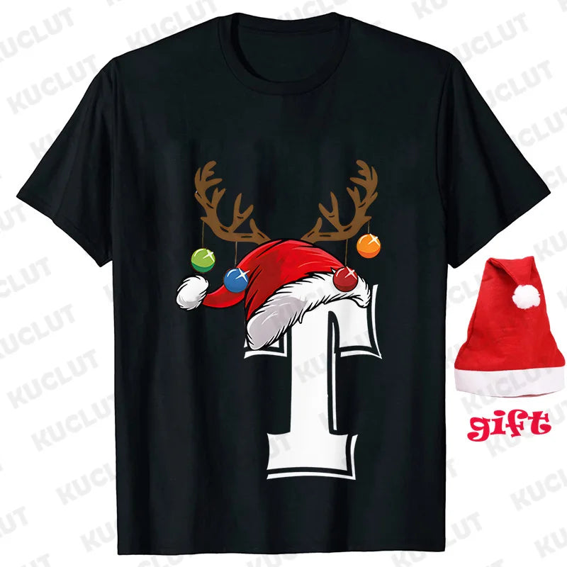 Funny Christmas Party Tshirt Fashion Women T Shirt Tops Short Sleeves T-shirt 26 A~Z Alphabet Casual Tees with Santa Hat Gift