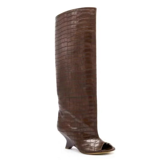 2025 European AndAmerican Nichedesign Versatileopen Toe Long Tube Cool Boots for Women, Crocodile Patterned Irregular High Heels