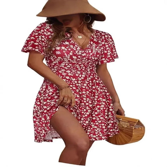 Summer Floral Wrap Dress Ladies Short Sleeve Wrapped V Neck Printed Elegant Daily Women Long Dress