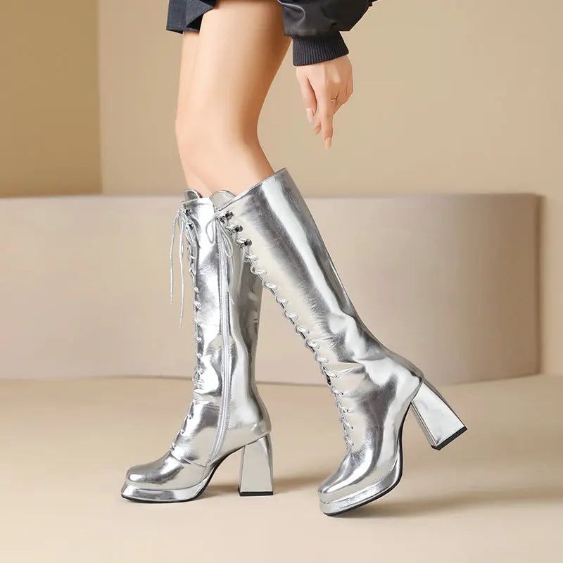 Big Size 45 46 Women Shoes Winter Fall Warm Lace-up Chunky High Heels Metallic Gold Silver Knee-high Riding Platform Goth Boots