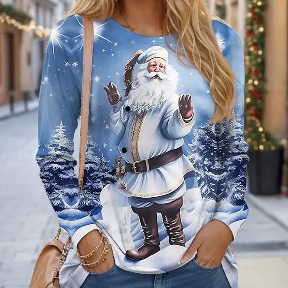 Women Sweatshirt Designer Round Neck Long Sleeve Fashion Casual Santa Claus Red New Year Graphic Print Tops Y2K Streetwear BAZAARHUBO