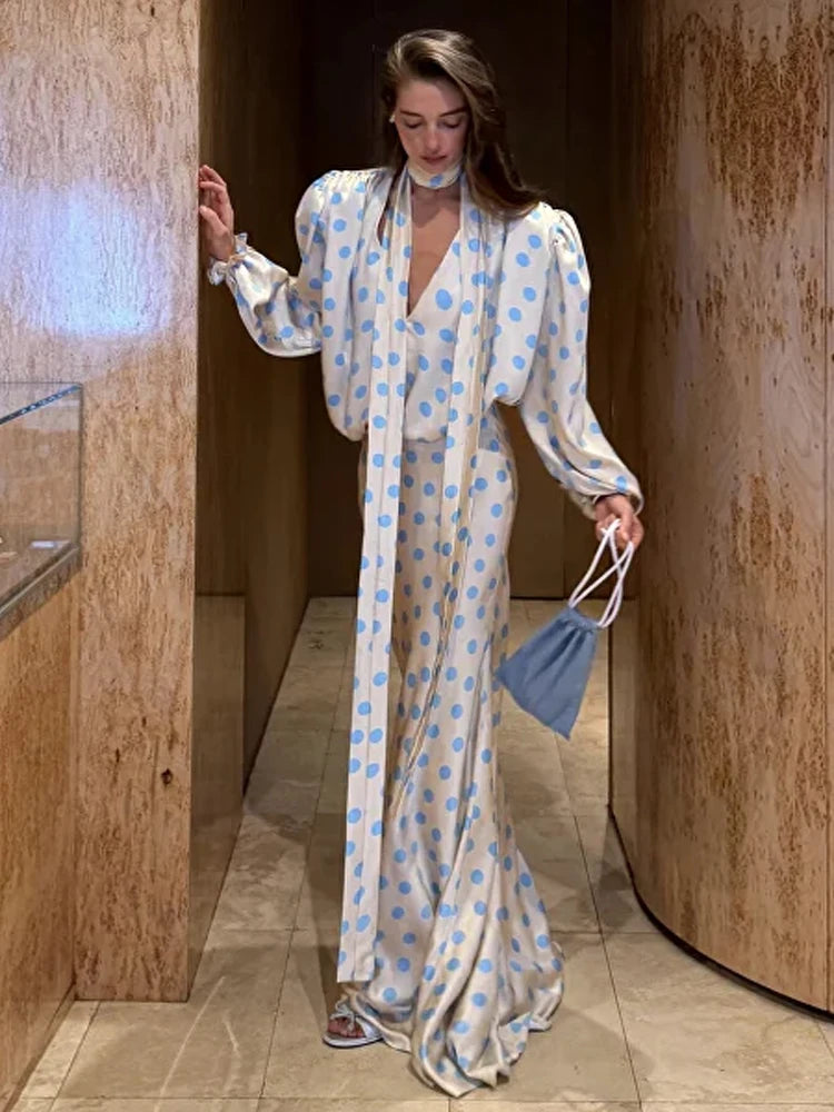 Polka Dot Skirt 2 Piece Set Women Casual High Collar Tie Full Sleeves Elastic High Waist Long Skirt Suit Lady Daily Outfit New
