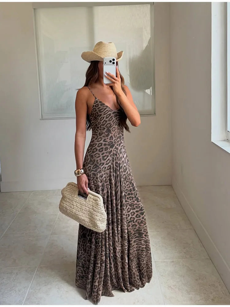 Vintage Chic Leopard Printed Sling Vestido Women Casual Backless Pleated Loose Fit Fold Spaghetti Strap Dress Vacation Beachwear