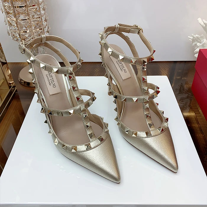 Nude Women's Gladiator sandals Summer 2025 Luxury With Ankle Strap Pointed Toe Fashion Rivet High Heels Party Ladies Shoes Women