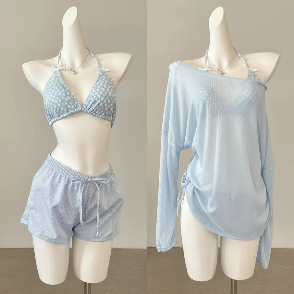 Casual Lace-up Women's Swimwear Set Mesh Transparent Beachwear 4Pieces Bikini Swimsuit Sun Protection Loose Bathing Suit Party