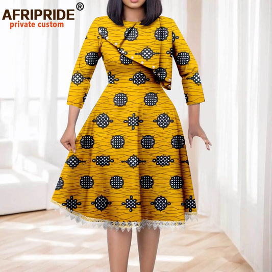 African Dresses for Women O-neck Half Sleeve High Waist Elegant Print Lace Dress Knee Length Dress Party Attire 2525044