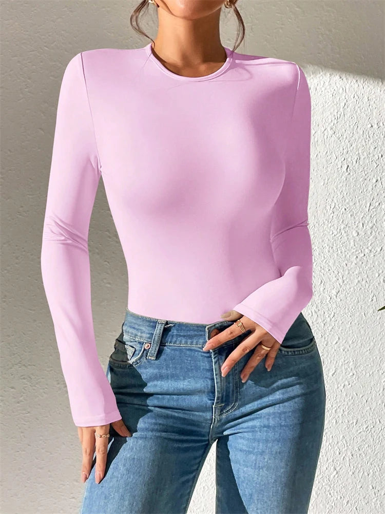 Women Basic Long Sleeve Round Neck Blouse Bodysuit Autumn Winter Casual Solid Color Slim Fit Bodycon Jumpsuit Streetwear