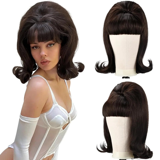 Retro Brown Wig 50S 60S 70S Ladies with Bangs Wig Halloween Costume Party Synthetic Hair