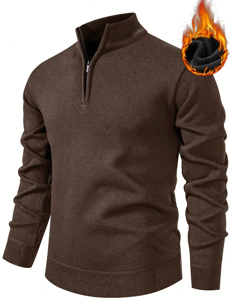 Mens Soft Sweater European American Style Knitwear High Neck Zipper Pullovers Brown Casual Sweaters