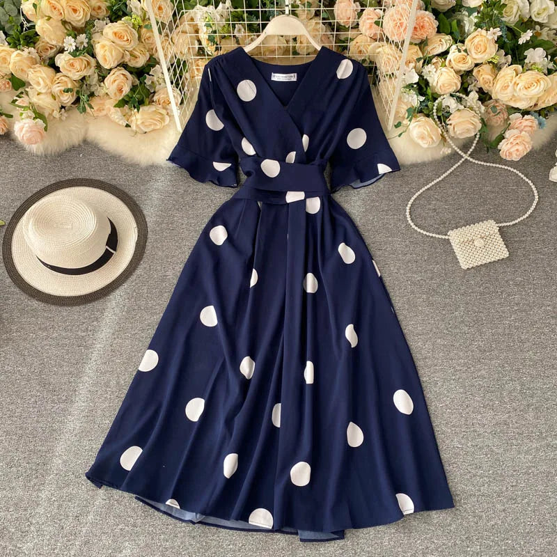 YuooMuoo Chic Polka Dot Print Women Dress Summer Vintage Swing Midi Party Dress