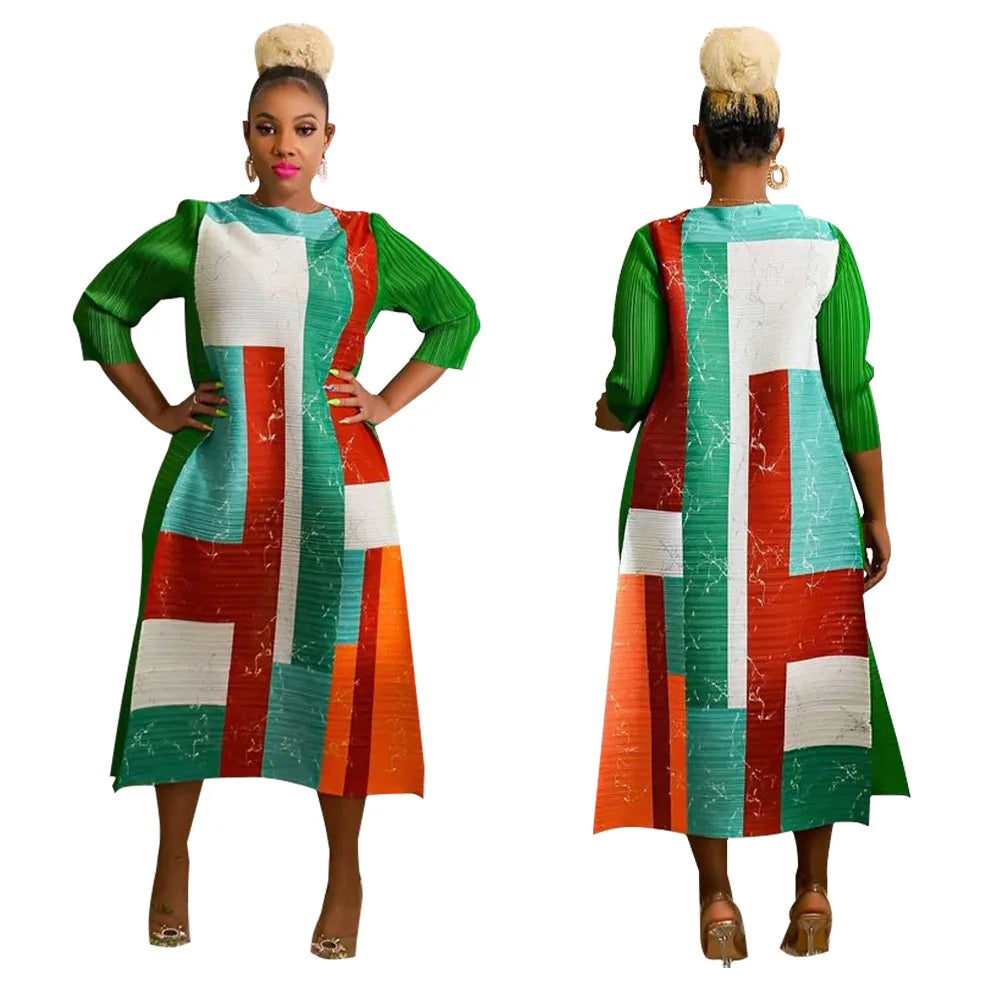 African Dresses for Women Summer Fashion Style African 3/4 Sleeve Polyester O-neck Pleated Dress Dashiki African Clothes Women