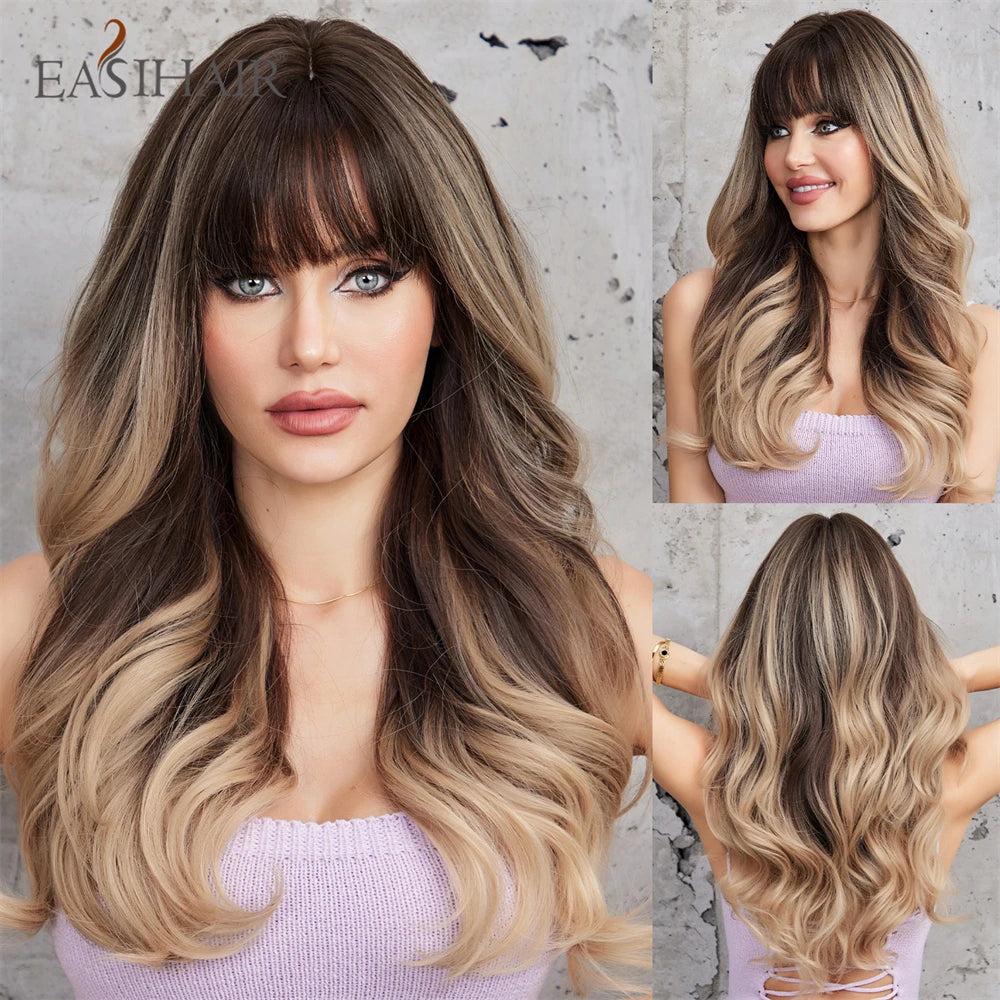 EASIHAIR Dark Brown Long Curly Synthetic Wig with Bangs Brown Women's Wigs for Cosplay Daily Use Heat Resistant Natural Hair