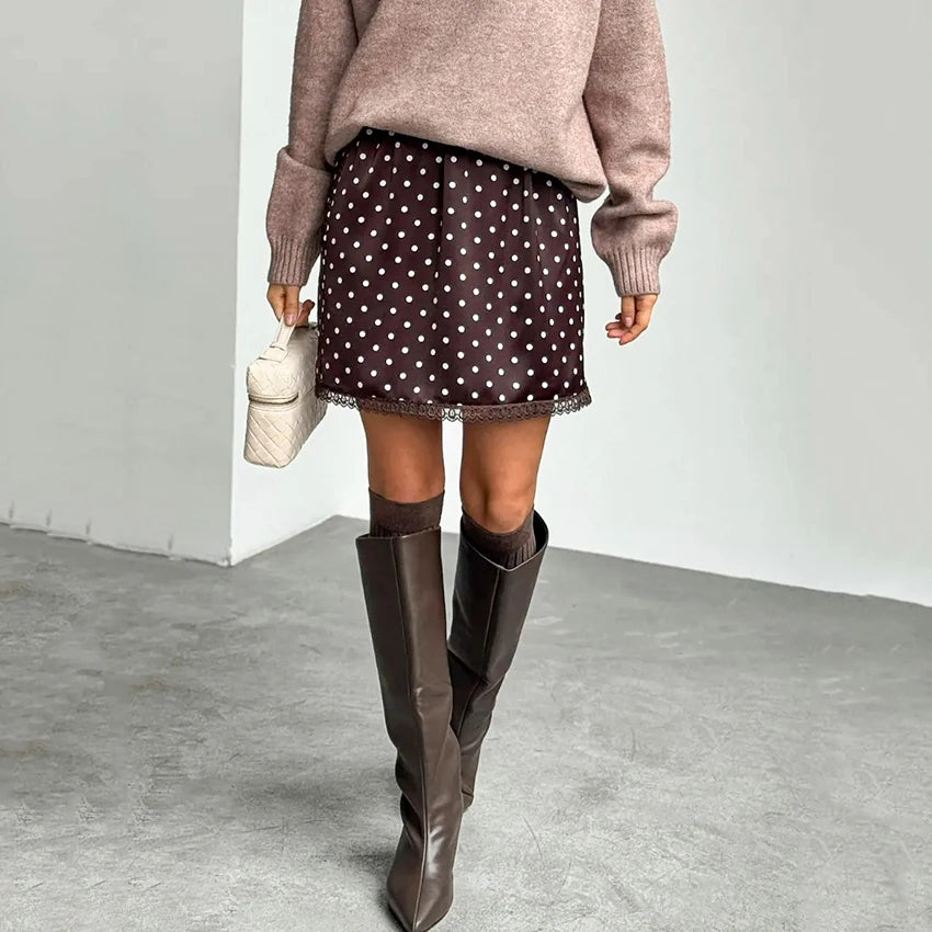Linad Street Chic Polka Dot Lace Skirts Spriing Vintage Satin Mini Skirt 2026 Fashion High Waist A Line Short Skirts For Woman
