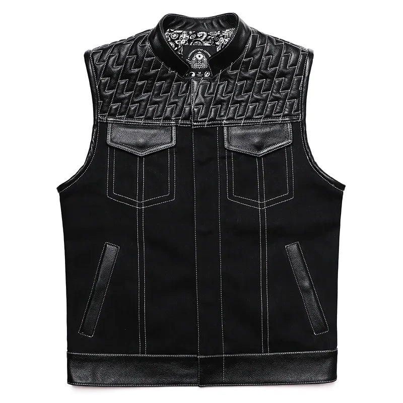 SOA Club Style Motorcycle Leather Vest Men Cowhide Denim Patchwork Waistcoat Sons of Anarchy Biker Vests Man Sleeveless Jacket