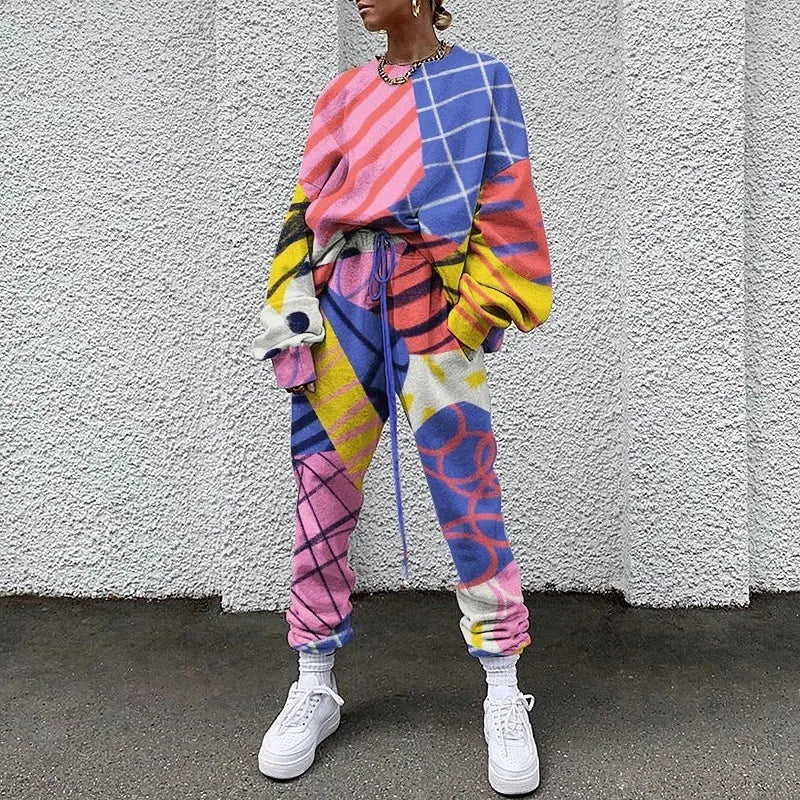 Fashion Print Oversized Tracksuit Suit Women Two Piece Pants Sets Casual Sweatshirt Trousers Streetwear 2 Piece Set Lady Outfit