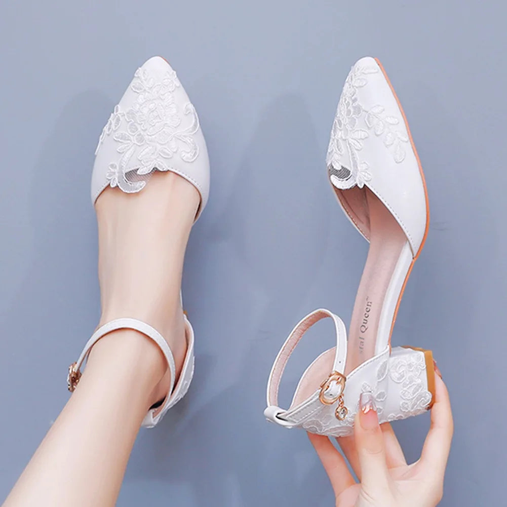 White Lace Wedding Shoes Thick Flower High Heels Women Bridal With Low Mouth Buckle 7CM Sandals Pumps