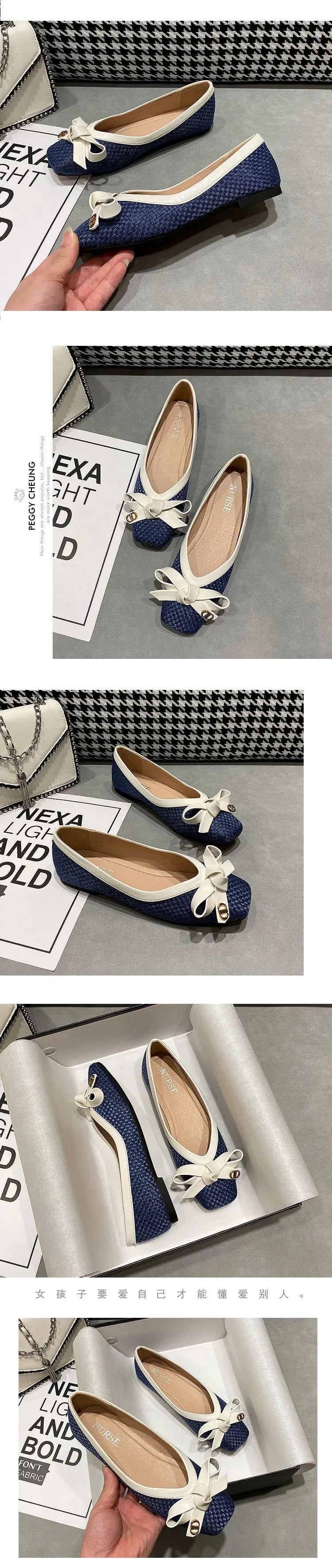Women's Shoes 2025 New Woven Bow Square Toe Women's Ballet Flats Female Soft Sole Large Fashion Women's Shoes Chaussure Femme