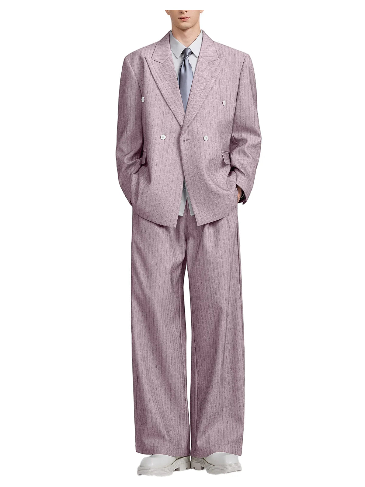 Men's Pinstripe 2-Piece Suit Notch Lapel Jacket Loose Fit Double Breasted Blazer Wide Leg Trousers for Formal Business Casual