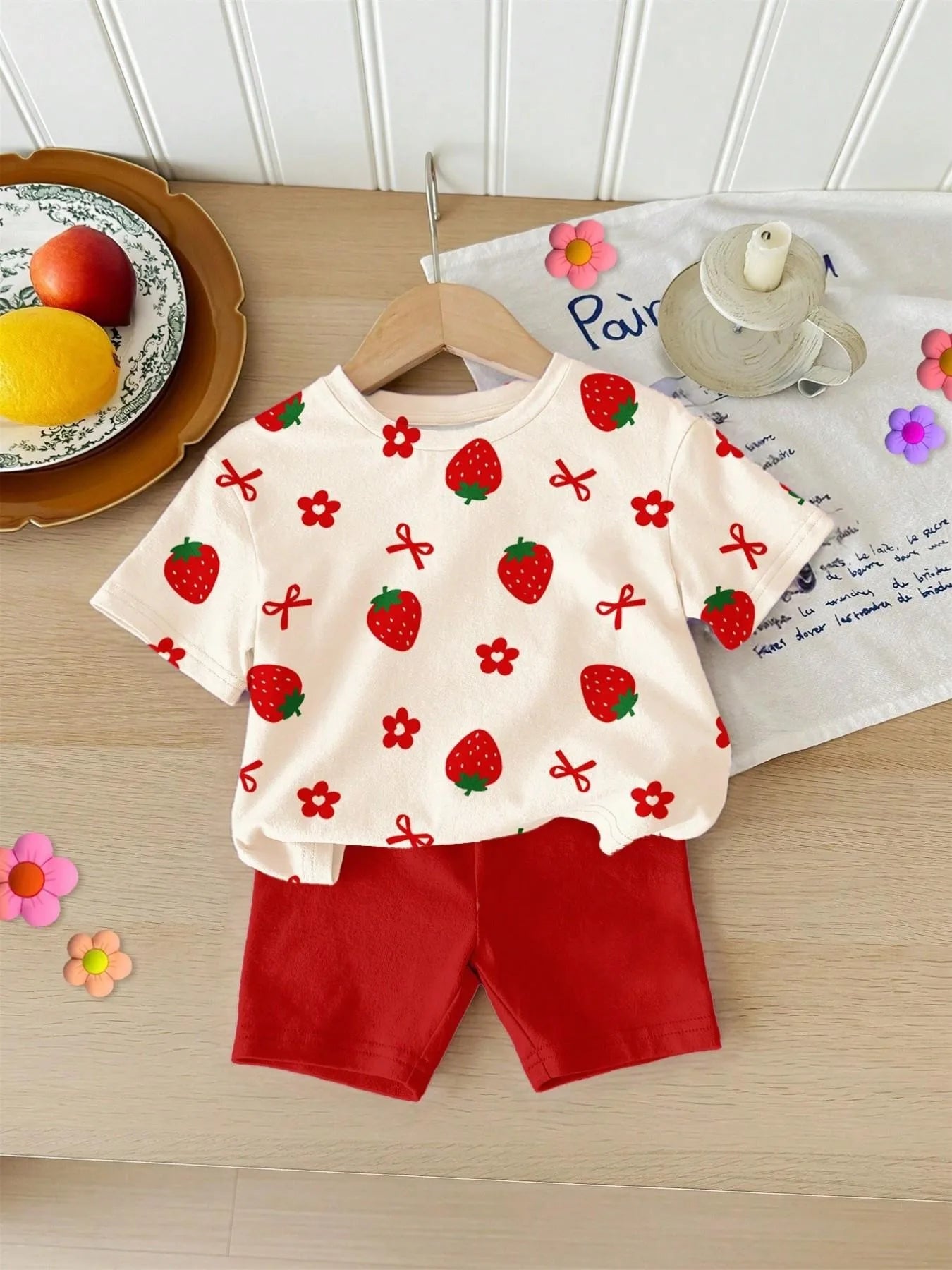 Kids Girls 2-Piece Summer Outfit, Strawberry Print Short Sleeve T-Shirt + Red Biker Shorts Casual Set