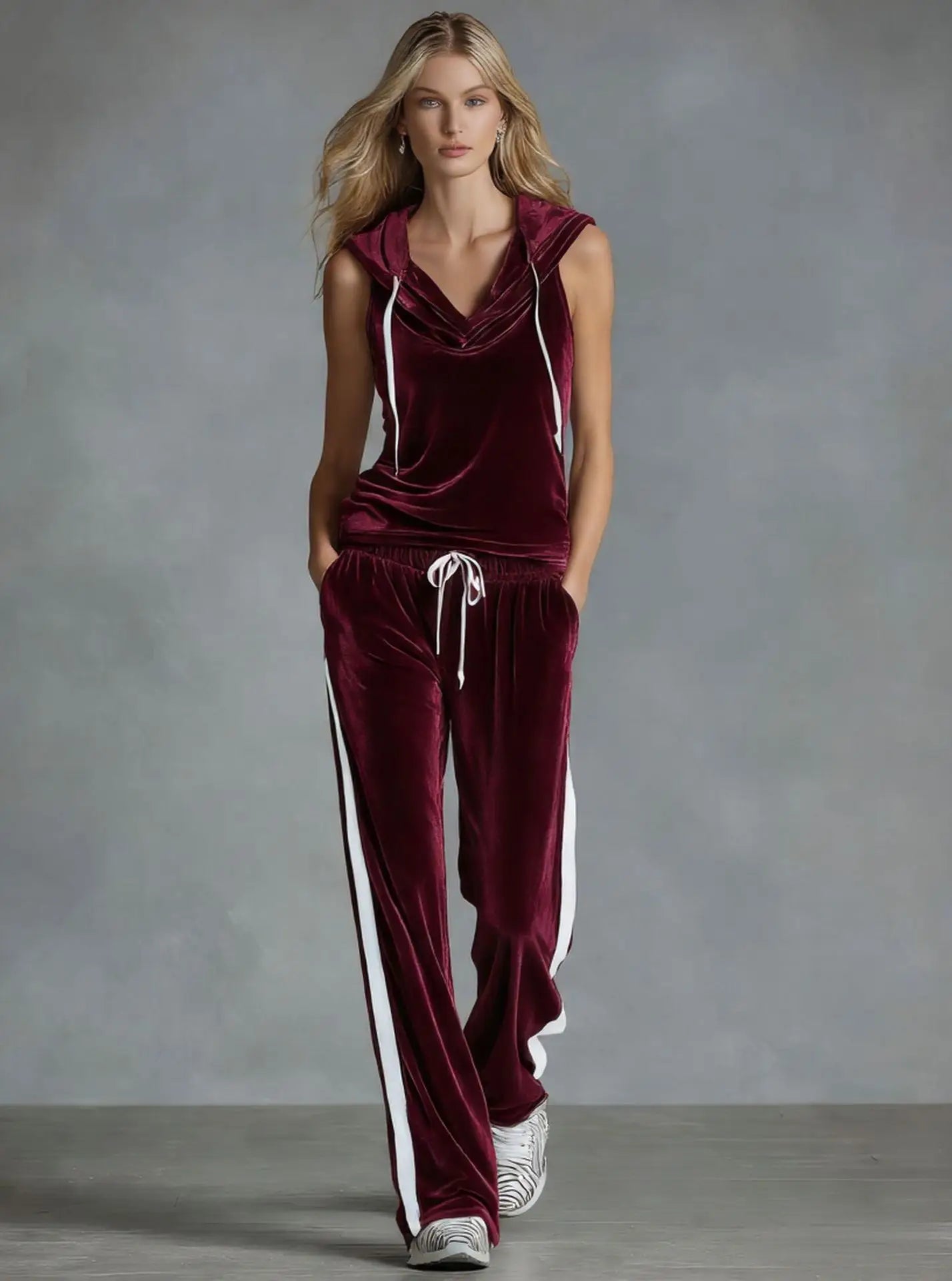 Casual Summer Trousers Set Fashionable Solid Color Loose Gold Velvet Sleeveless Hooded Top Lace-up Trousers Sports Two-piece Set