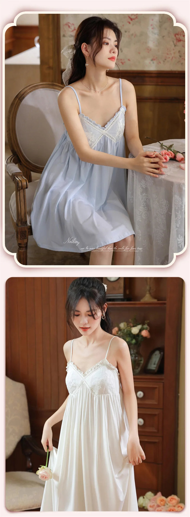 Summer New Sweet Palace Embroidered Lace Knitted Cotton Small Sexy Sling Lace Nightdress Princess Pajamas