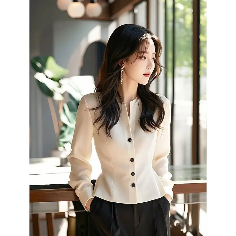 White Temperament Short Shirt Tops Long Sleeve Solid Button Elegant Blouse Spring Autumn New Elegant Fashion Women Clothing