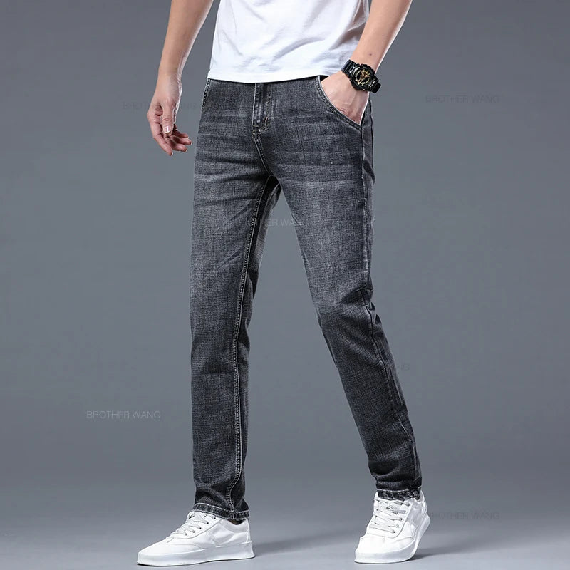 Classic Summer Men's Thin Stretch Fit Jeans Business Casual Slim Fit Denim Pants Soft Fabric High Quality Straight Leg Trousers