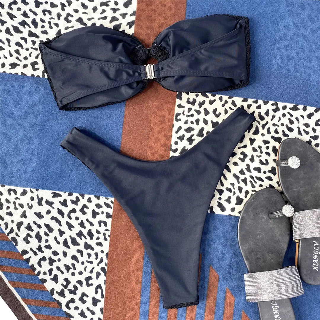 Wrinkled Bandeau High Cut Bikini Women Swimwear Female Swimsuit Two-pieces Bikini set Strapless Bather Bathing Suit Swim V3367