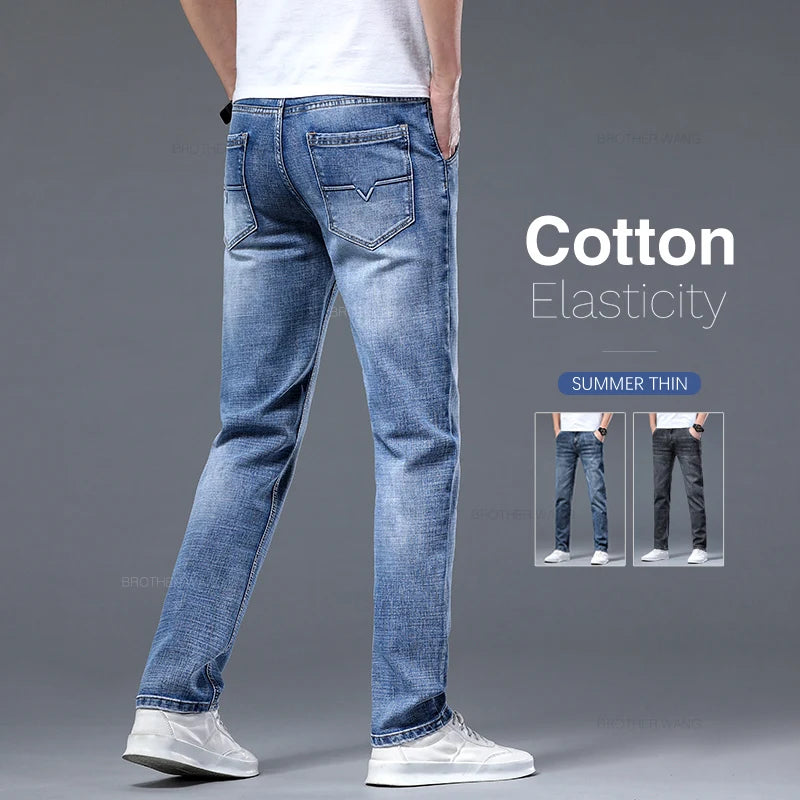 Classic Summer Men's Thin Stretch Fit Jeans Business Casual Slim Fit Denim Pants Soft Fabric High Quality Straight Leg Trousers