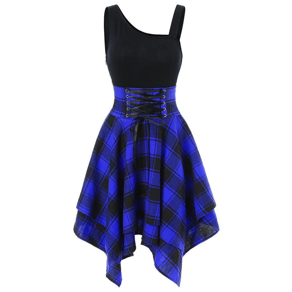 Elegant Classy Dresses For Women 2024 Sleeveless Cold Shoulder Cross Lace Up Plaid Print Irregular A-Line Dresses