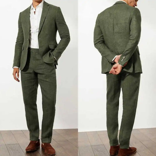 Olive Green Linen Men Suit Wedding Groom Summer Beach Formal Business Casual Custom Made Set M26823
