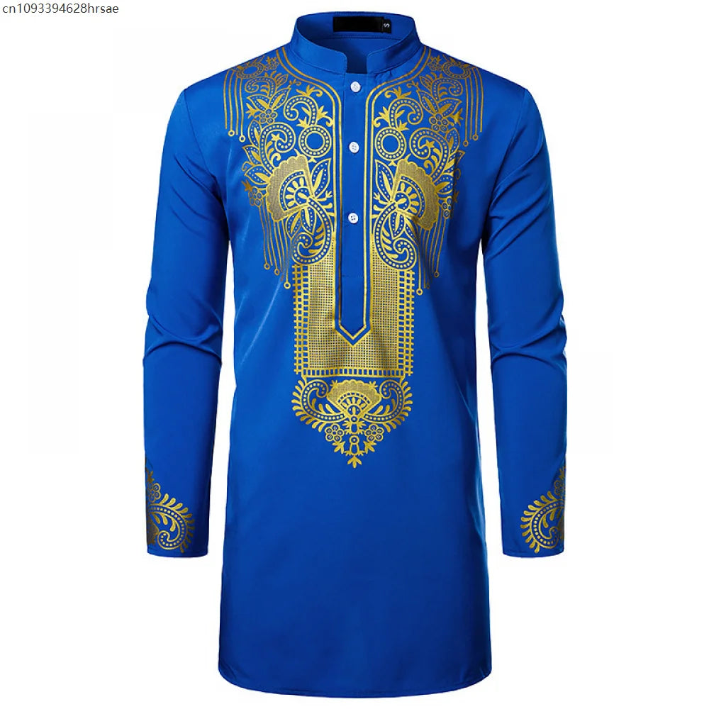 Men's Traditional African Shirt Print Golden Flowers Long Sleeve Shirt Ethnic Casual Outfits Wedding African Streetwear