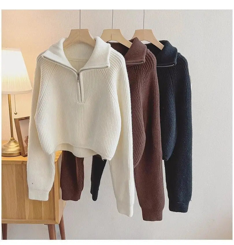 2024 Autumn New Korean Style Versatile Basics Half-zipper Loose Lapel Winter Long-sleeved Lazy Sweater Pullover Top