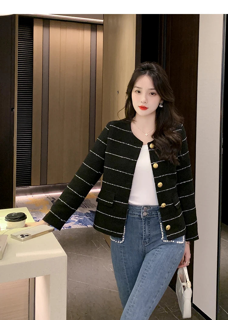 Korean Fashion Casual Small Fragrance Tweed Jacket Coat Women Fall Winter Fried Street Striped Coat Casaco Woolen Outwear Top
