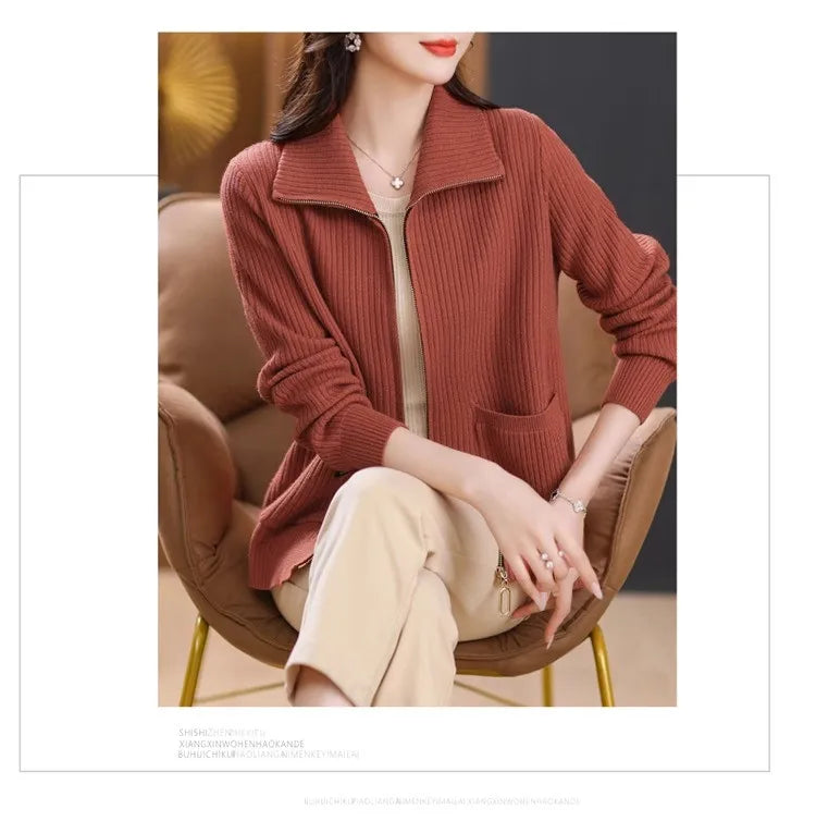 Knitted Cardigan Jacket Women Zipper Lapel Sweater Autumn Winter Outerwear
