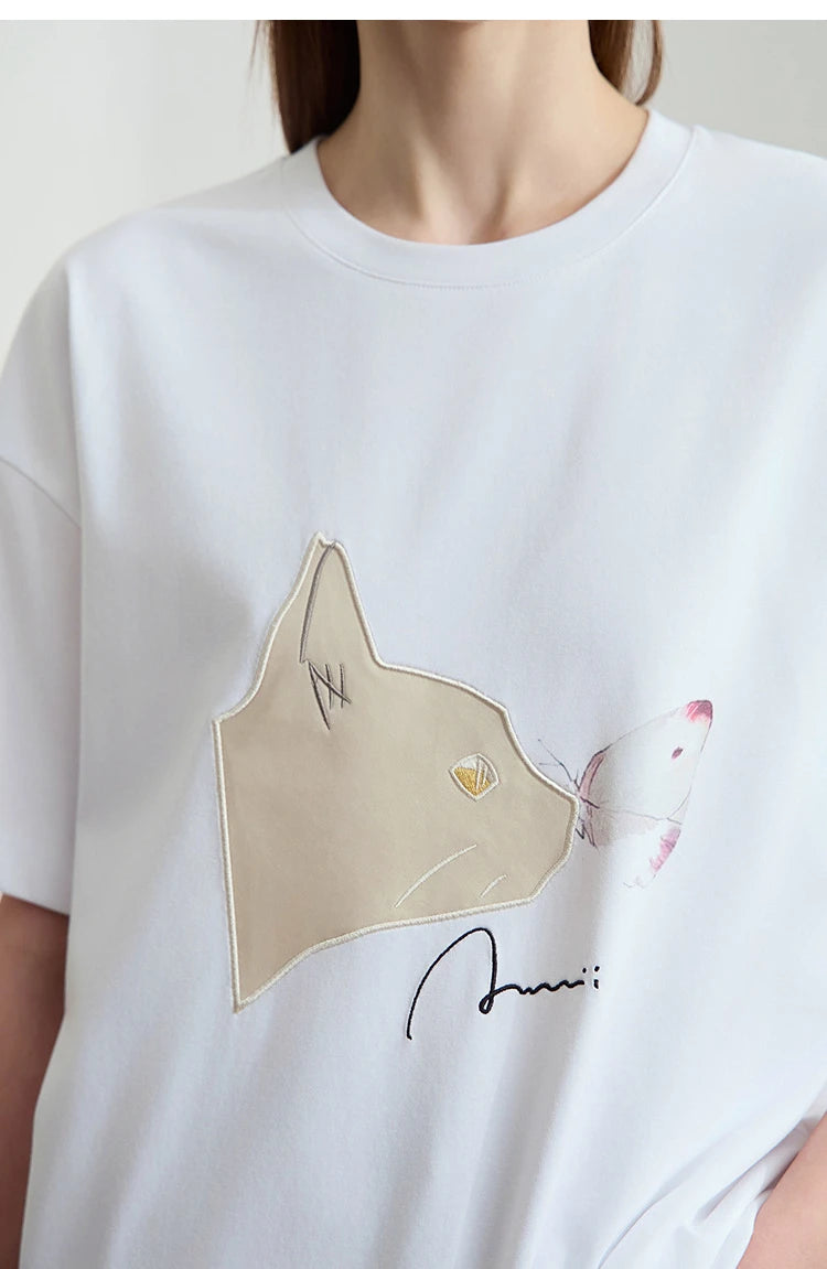 AMII Summer Casual T-shirt for Women 2025 Print Round Neck Short Sleeve Shirts Lady Fashion New Loose Clothes Woman 12522007
