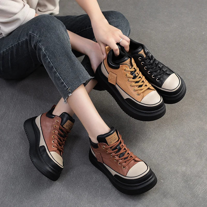 Myjyjz 4.5cm Cow Genuine Leather Women Spring Platform Wedge Flats Chunky Sneakers Lace Up Autumn Loafer Vulcanize Shoes Rubber