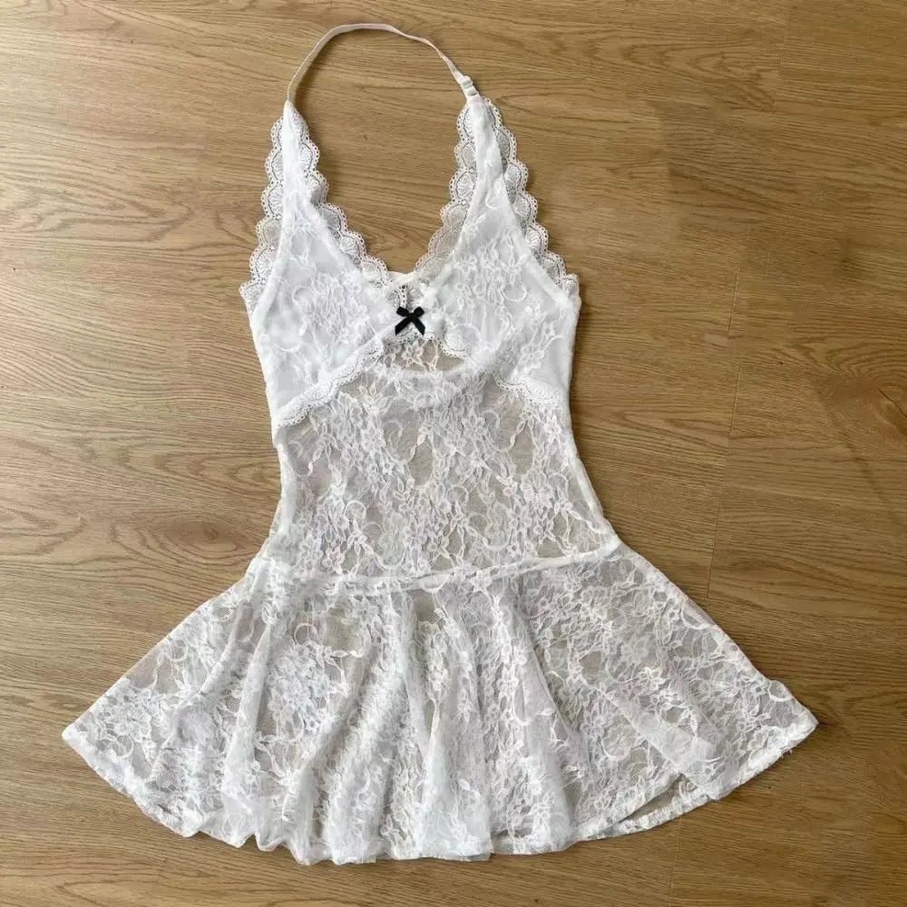 Fashion Transparent Lace Halter Dress V-neck Beachwear Lace-up Short Skirts A-line Spicy Girl Style Dresses Women Club