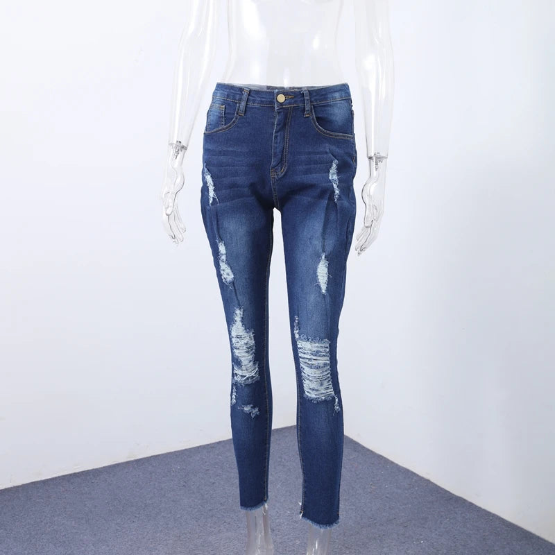 Women Ripped Jeans Low Waist Skinny Denim With Zipper Pockets Blue Y2K Summer