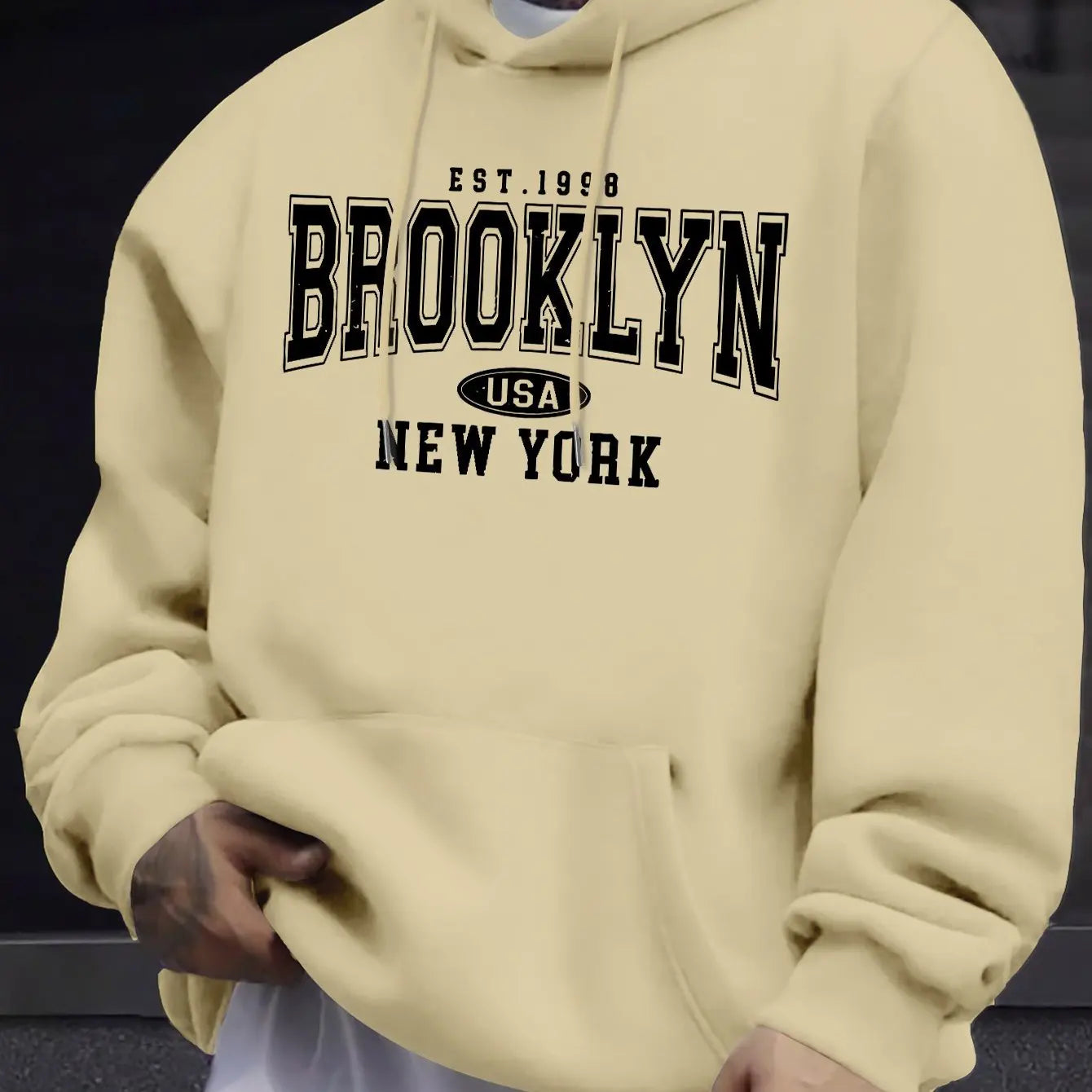 Men's autumn and winter casual fashion loose Brooklyn New York letter printed long sleeved hooded sweatshirt warm pullover BAZAARHUBO