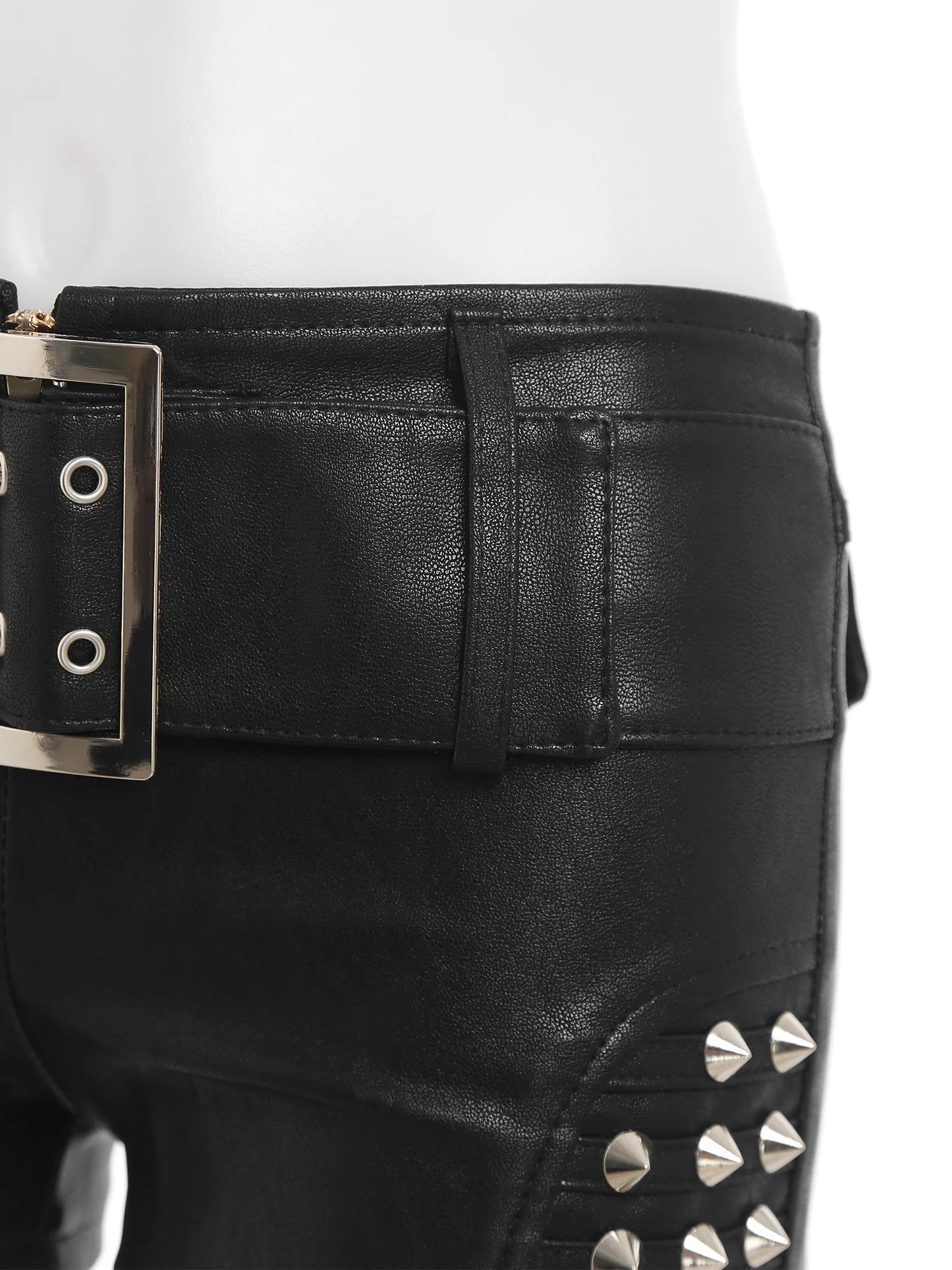 Womens Rivets And Belt PU Leather Hot Pants Hot Shorts Slim Fit Short Bottoms Club Rock Music Festival Costume